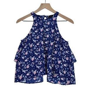 IRIS Navy Blue Pink White Floral High Neck Flowy Fit Sleeveless Blouse Top Small